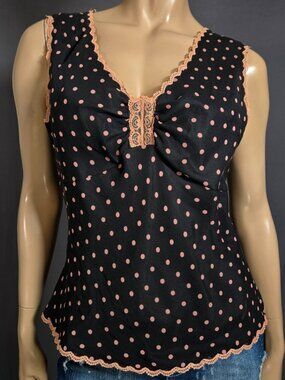 Vintage 90s Silk Babydoll Camisole Top Size M Black Pink polka Dot Lace Trim